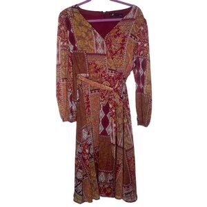 Leslie Fay Midi Faux Wrap Dress Womens Size 6 Wine Patchwork Career Office